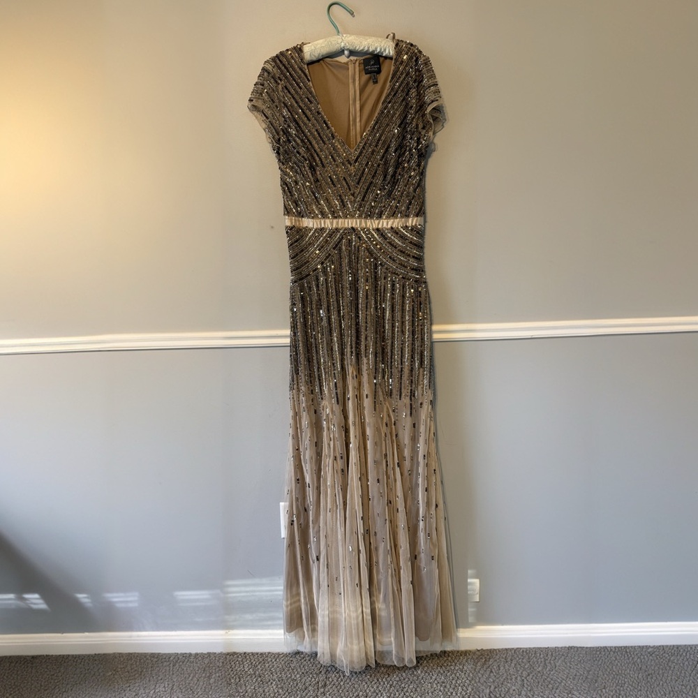 Adrianna Papell Cream and Tan Embellished Pleated Maxi Dress